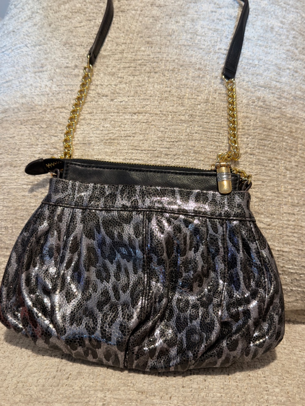 b. makowsky Metallic Gray Leopard Print Shoulder Bag with Gold Chain